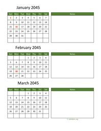 three months 2045 calendar vertical with notes