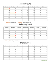 three months 2045 calendar vertical