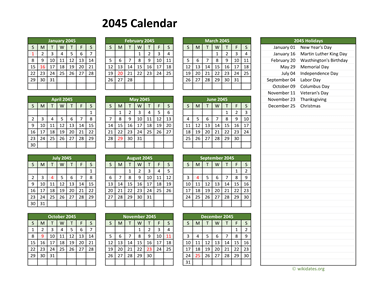 Printable 2045 Calendar with Federal Holidays