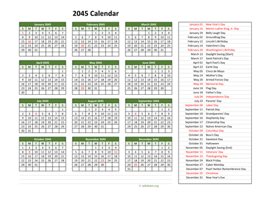 2045 Calendar with US Holidays