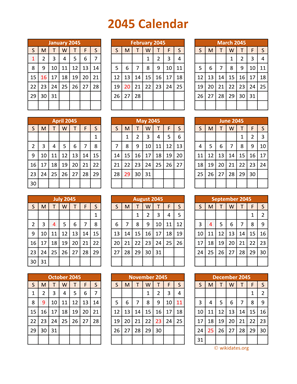 Full Year 2045 Calendar on one page | WikiDates.org