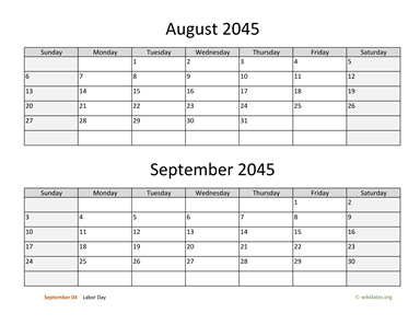 August and September 2045 Calendar Horizontal