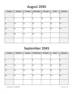August and September 2045 Calendar Vertical