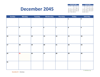 December 2045 Calendar Classic