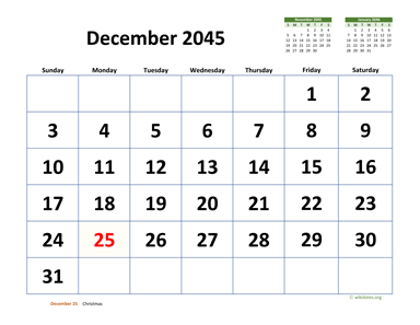 December 2045 Calendar with Extra-large Dates