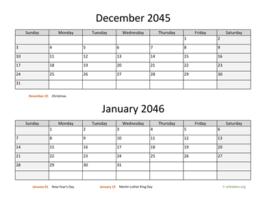 December 2045 and January 2046 Calendar Horizontal