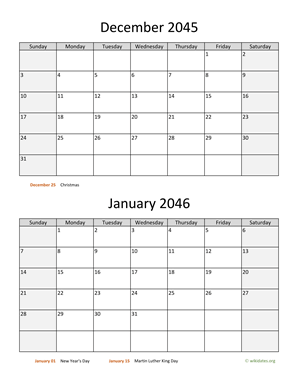 December 2045 and January 2046 Calendar Vertical