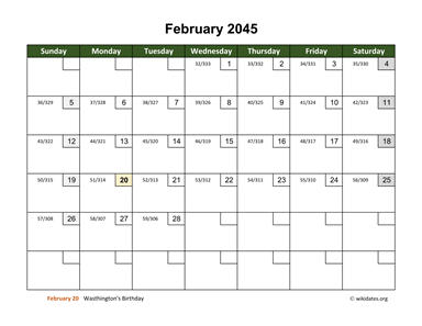 February 2045 Calendar with Day Numbers