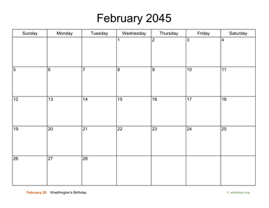 Basic Calendar for February 2045