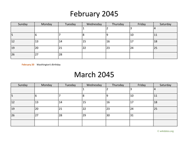 February and March 2045 Calendar Horizontal