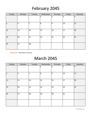 February and March 2045 Calendar Vertical