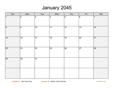 January 2045 Calendar with Weekend Shaded