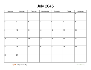 Basic Calendar for July 2045