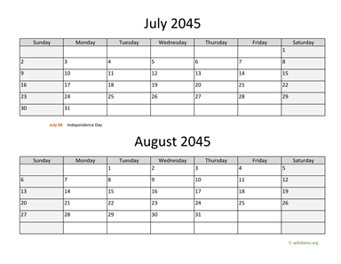 July and August 2045 Calendar Horizontal