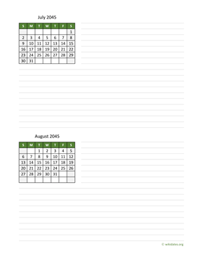 July and August 2045 Calendar with Notes