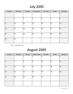 July and August 2045 Calendar Vertical