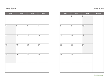 June 2045 Calendar on two pages
