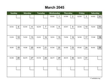 March 2045 Calendar with Day Numbers