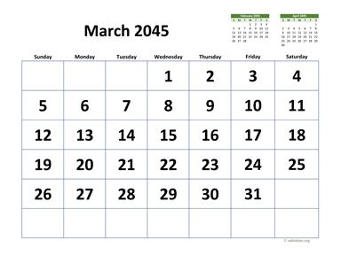March 2045 Calendar with Extra large Dates WikiDates org
