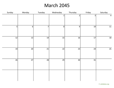 March 2045 Calendar with Bigger boxes