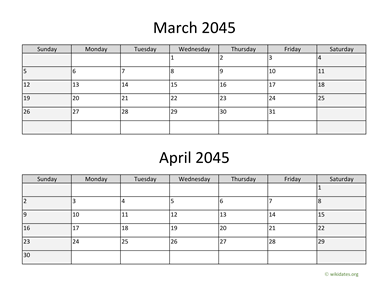 March and April 2045 Calendar Horizontal
