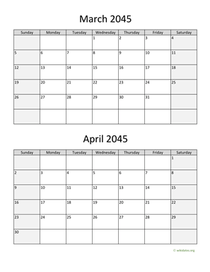 March and April 2045 Calendar Vertical
