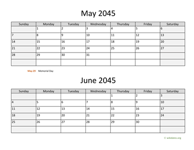 May and June 2045 Calendar Horizontal