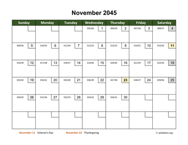 November 2045 Calendar with Day Numbers