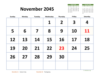 November 2045 Calendar with Extra-large Dates