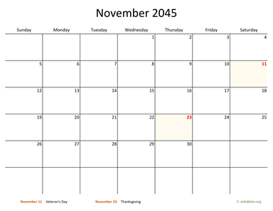 November 2045 Calendar with Bigger boxes
