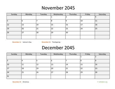 November and December 2045 Calendar Horizontal