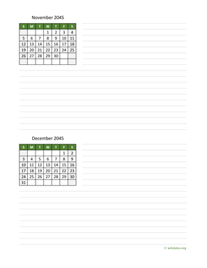 November and December 2045 Calendar with Notes
