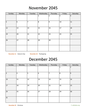 November and December 2045 Calendar Vertical