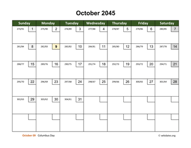 October 2045 Calendar with Day Numbers