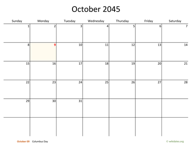 October 2045 Calendar with Bigger boxes