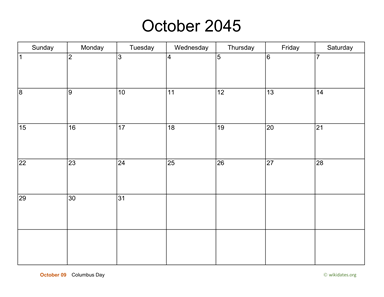 Basic Calendar for October 2045