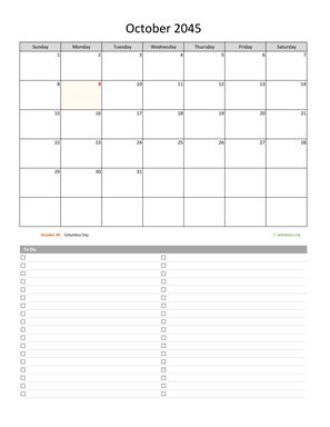 October 2045 Calendar with To-Do List