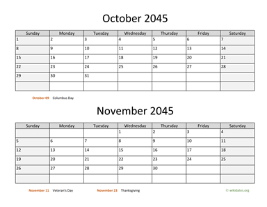 October and November 2045 Calendar Horizontal