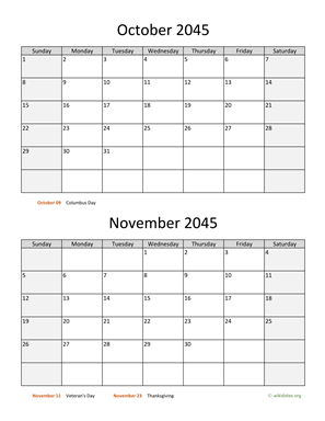 October and November 2045 Calendar Vertical