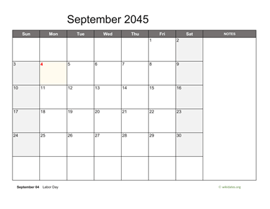 September 2045 Calendar with Notes