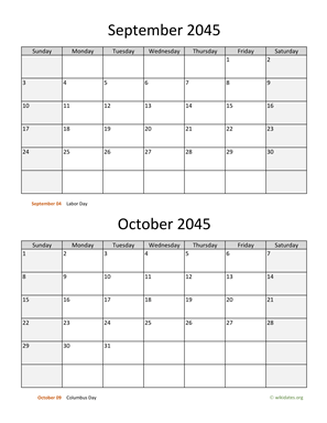 September and October 2045 Calendar Vertical