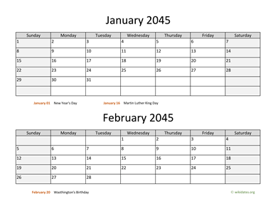 Two Months 2045 Calendar Horizontal