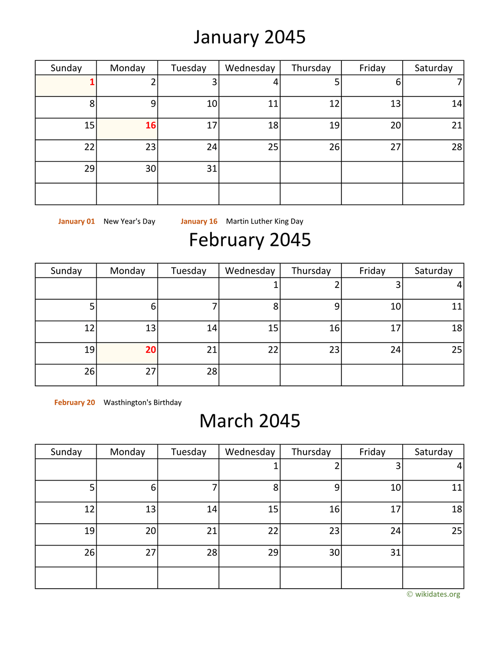 Printable 2045 Calendar WikiDates org