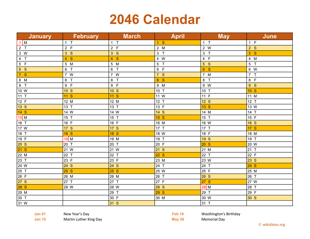 2046 Calendar On 2 Pages Landscape Orientation