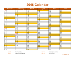 2046 Calendar on 2 Pages, Landscape Orientation