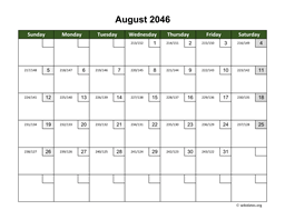 August 2046 Calendar with Day Numbers