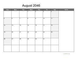August 2046 Calendar with Notes
