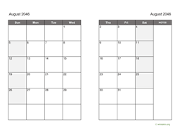 August 2046 Calendar on two pages
