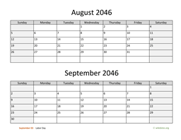 August and September 2046 Calendar