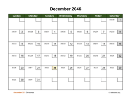 December 2046 Calendar with Day Numbers